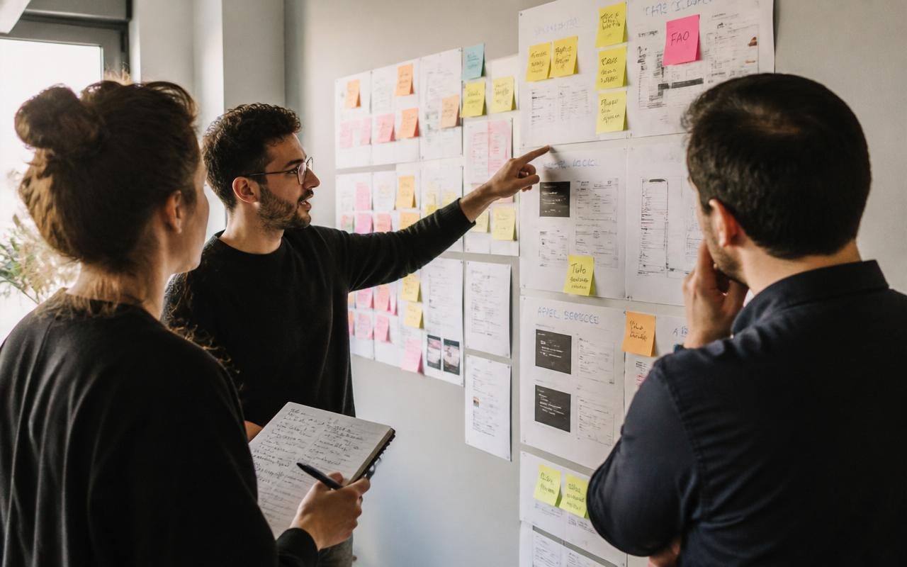 Atelier de conception : équipe analysant des wireframes et post-its au mur