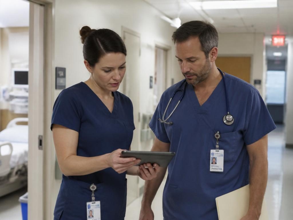 Soignants consultant des données patient sur tablette dans un service hospitalier
