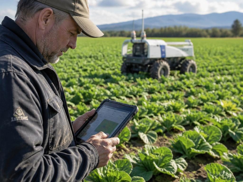 Maraîcher consultant une interface de pilotage devant un robot agricole en plein champ